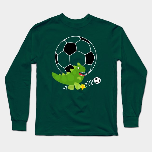 Cute Dinosaur Playing Soccer - Navy Background Long Sleeve T-Shirt by XOOXOO